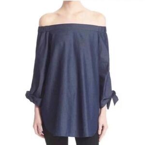TIBI Chambray Pheasant Top‎ Off The Shoulder 0